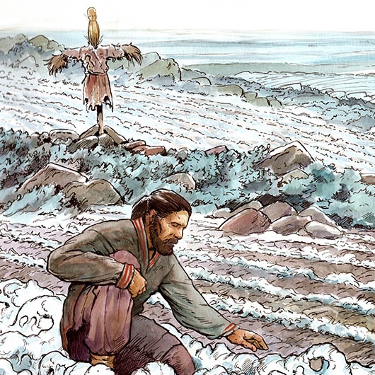 A farmer inspects ice-covered furrows. A scarecrow is in the background.